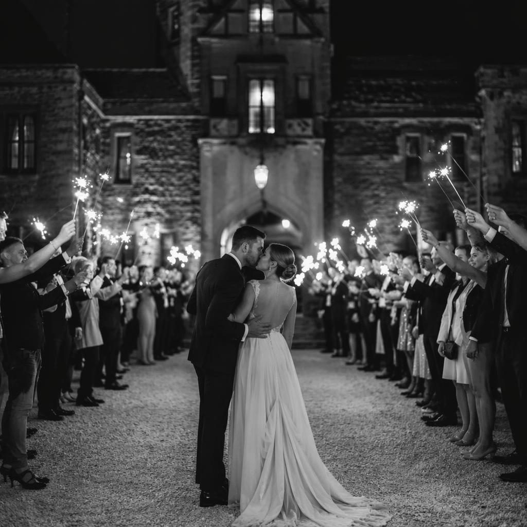 Black and white wedding photo of a couple by a château with sparklers in winter, editorial style, intimate mood.