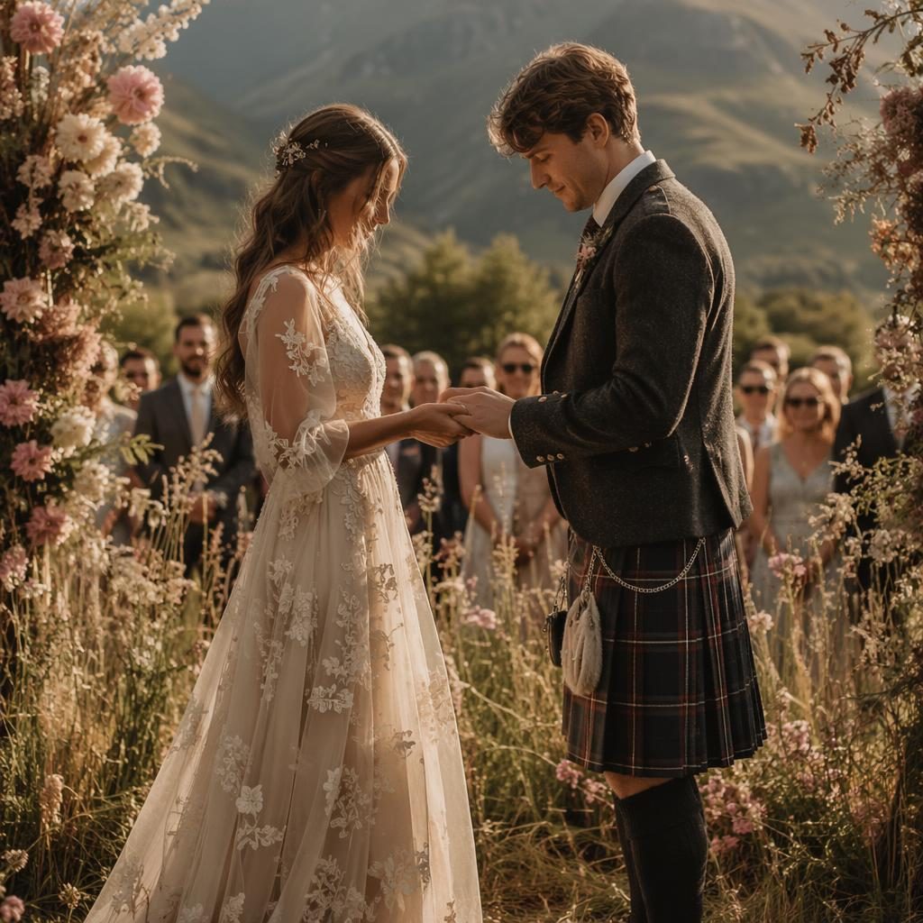 Couple exchanging rings in an elegant ballroom with dusty rose decor, cinematic late-summer wedding styling