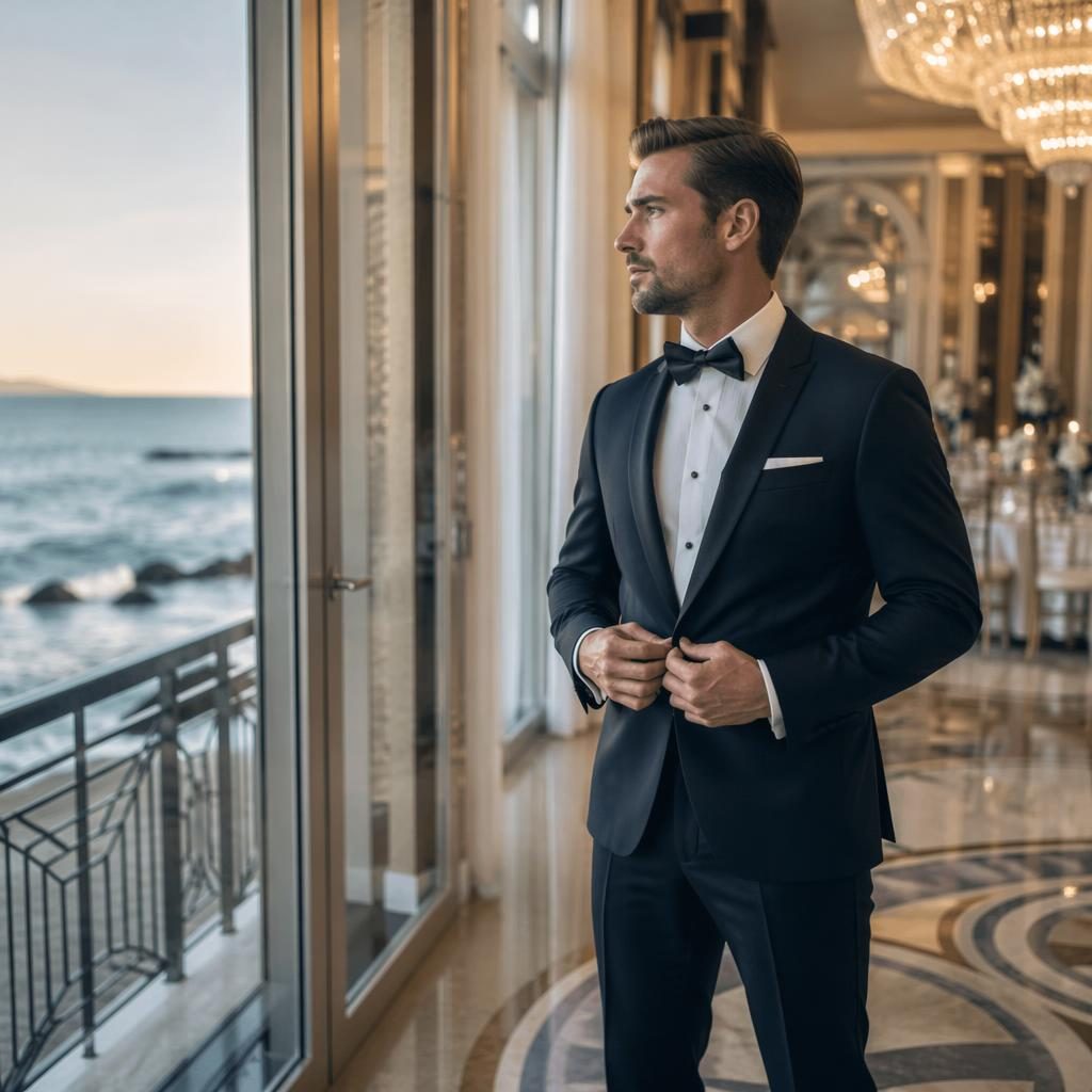 Marié se préparant pour son mariage sur une plage, tons glacés d’hiver, lumière douce, ambiance Art déco Gatsby.