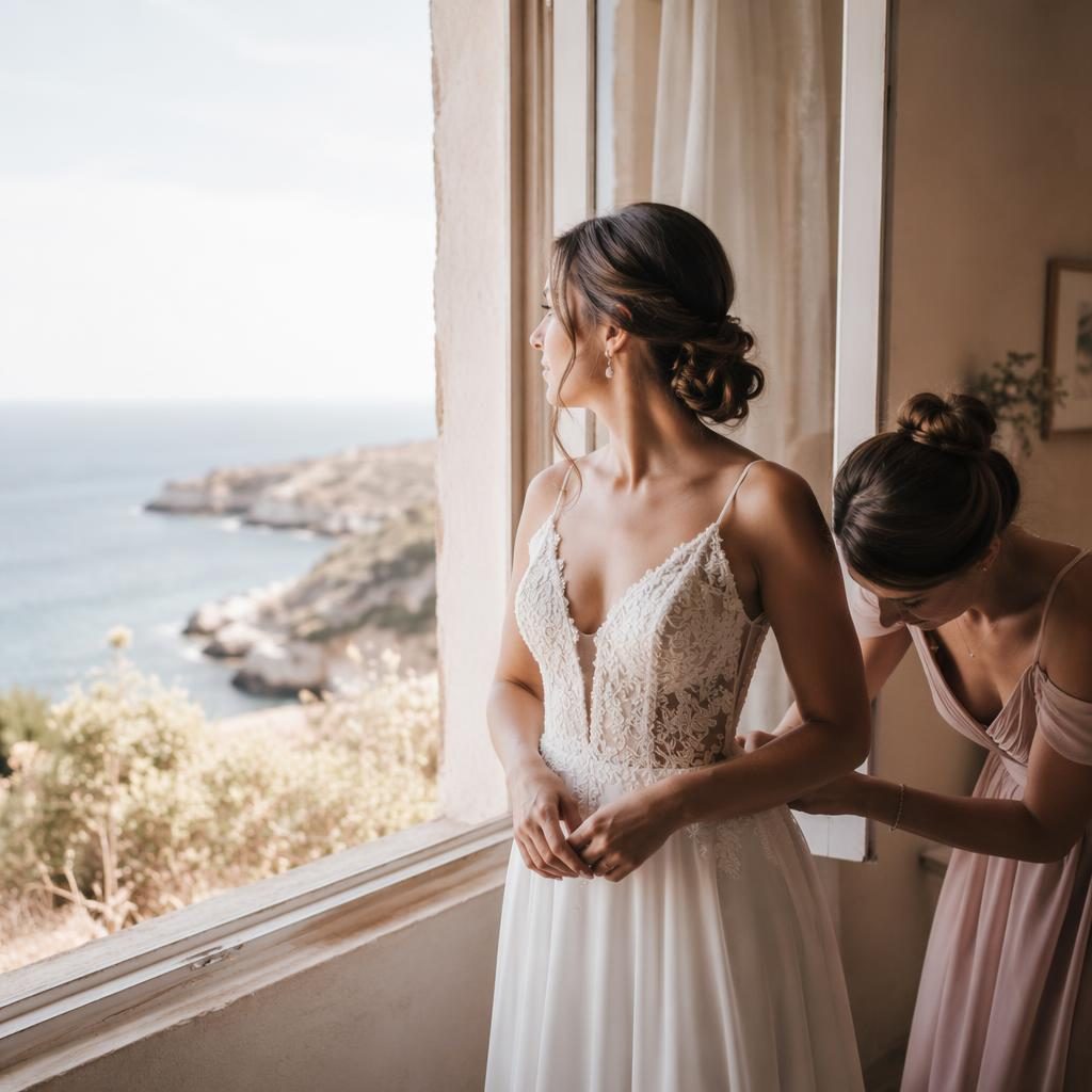 Mariée en préparation près d’une fenêtre, lumière naturelle, falaises et océan en arrière-plan, tons blush et crème.