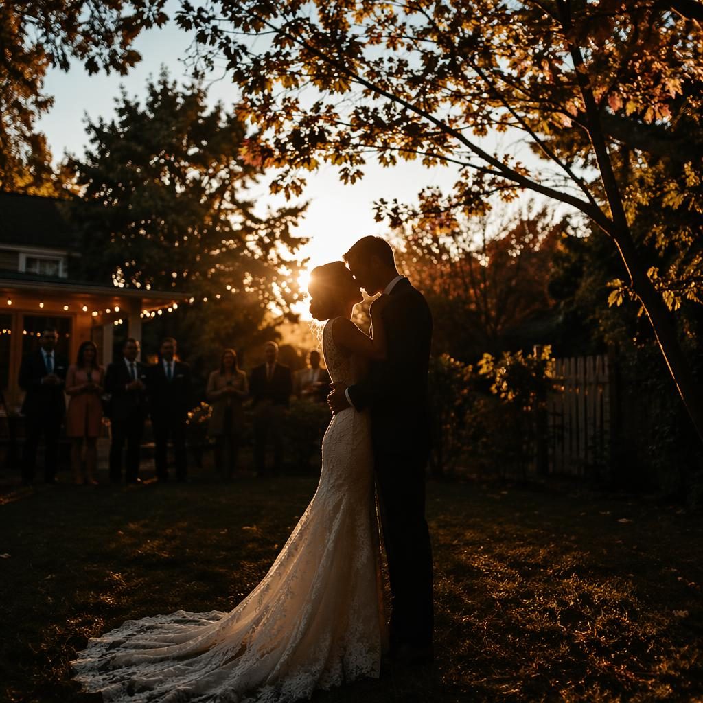Silhouette d’un couple qui s’embrasse au coucher du soleil dans un jardin intime en automne, lumière naturelle.