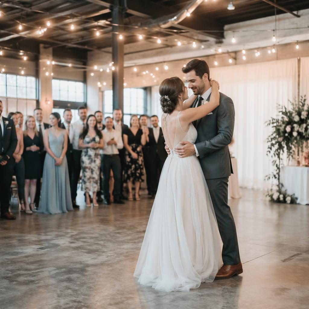 Bride and groom share a first dance under string lights in an urban industrial loft with airy light and icy spring tones.