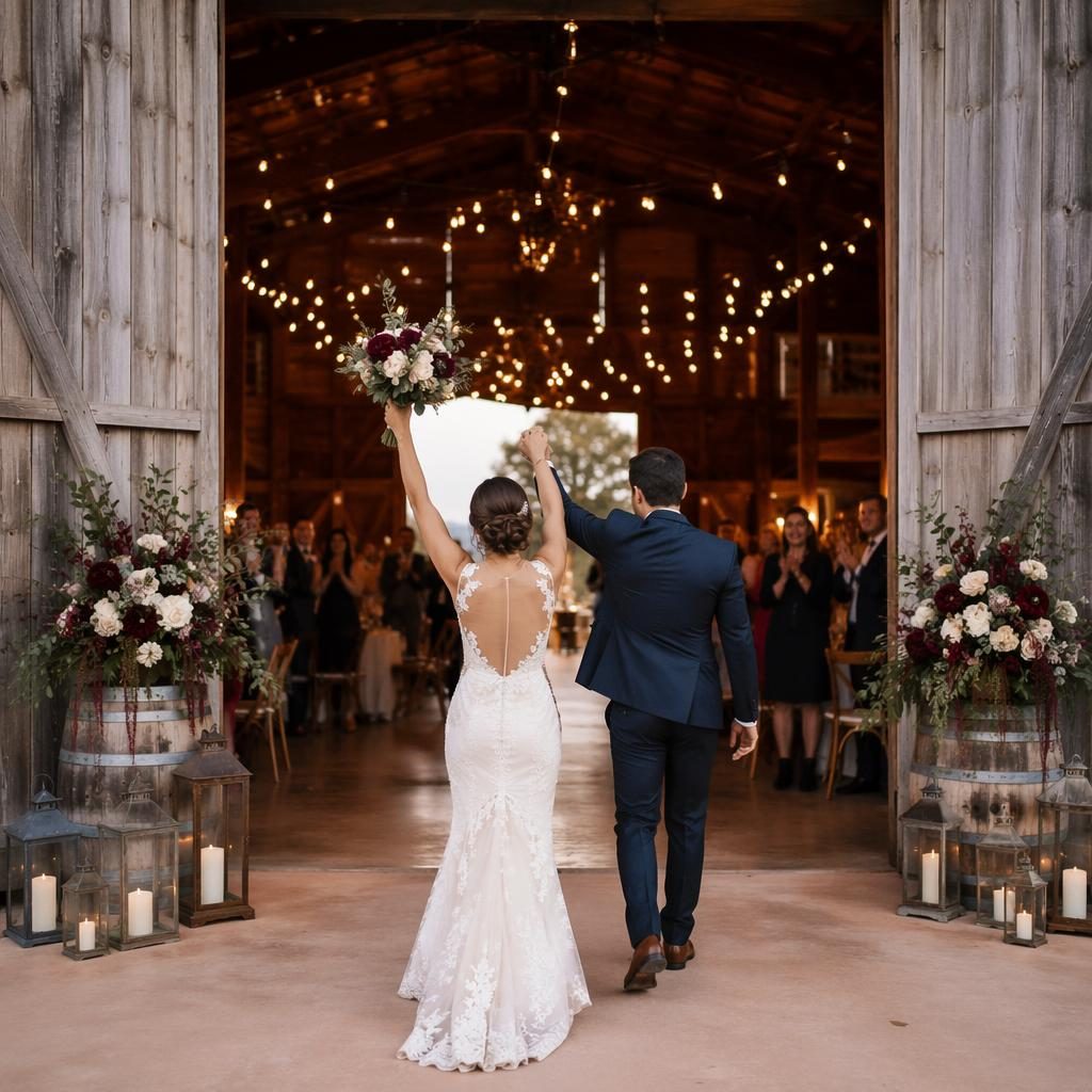 Desert minimalist wedding reception entrance with rustic barn fairy lights, pastel florals, and burgundy gold decor