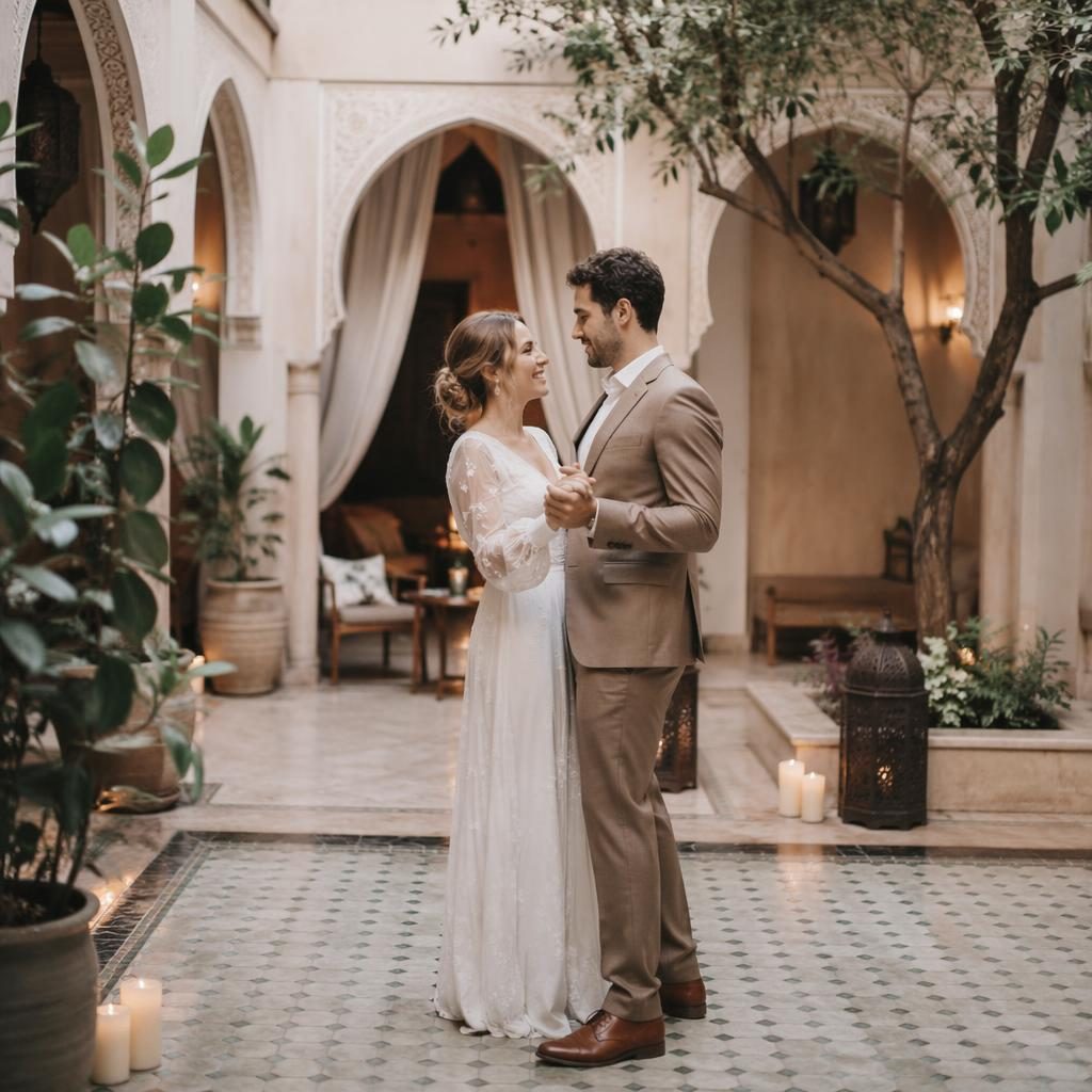 Bride and groom share a first dance in a Moroccan riad courtyard at a winter winery, with blush and cream tones.