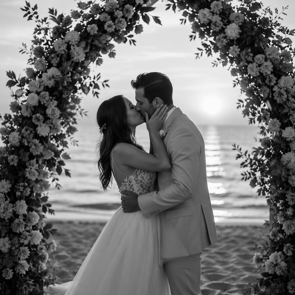 Couple de mariés pieds nus s'embrassant sur une plage au coucher de soleil, photo éditoriale en noir et blanc.