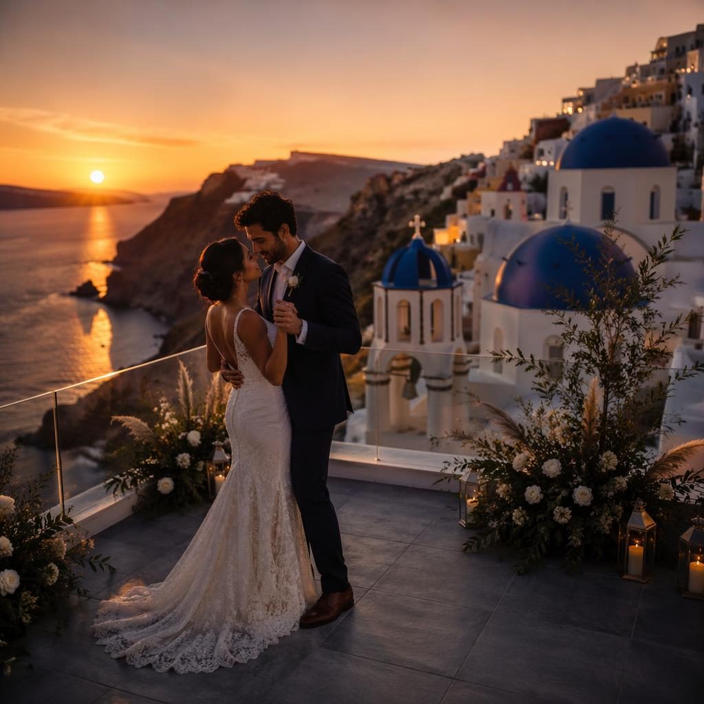 Bride and groom share a first dance at a Santorini cliff resort at sunset, with blue domes, warm moody light, and autumn tones.