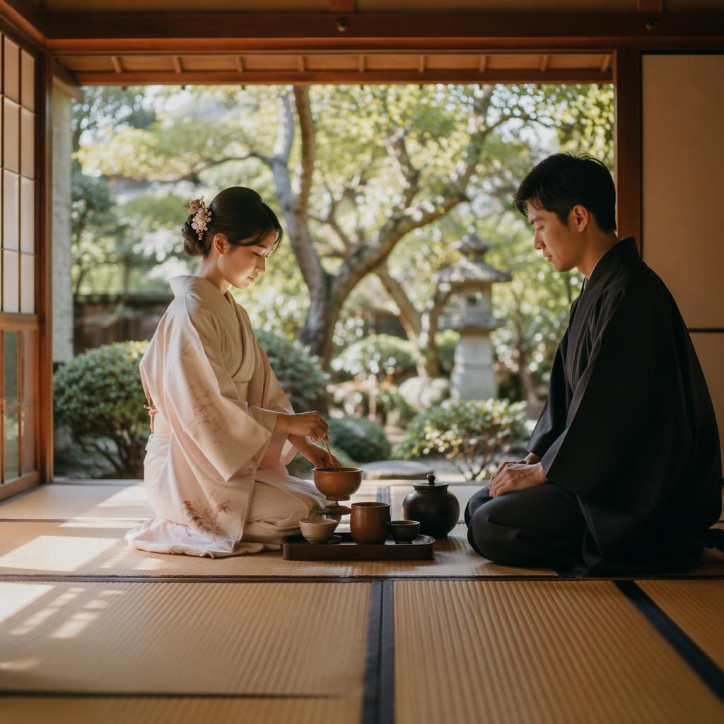 Couple sharing a first dance during a Japanese ryokan tea ceremony in an intimate spring backyard with blush and cream tones.