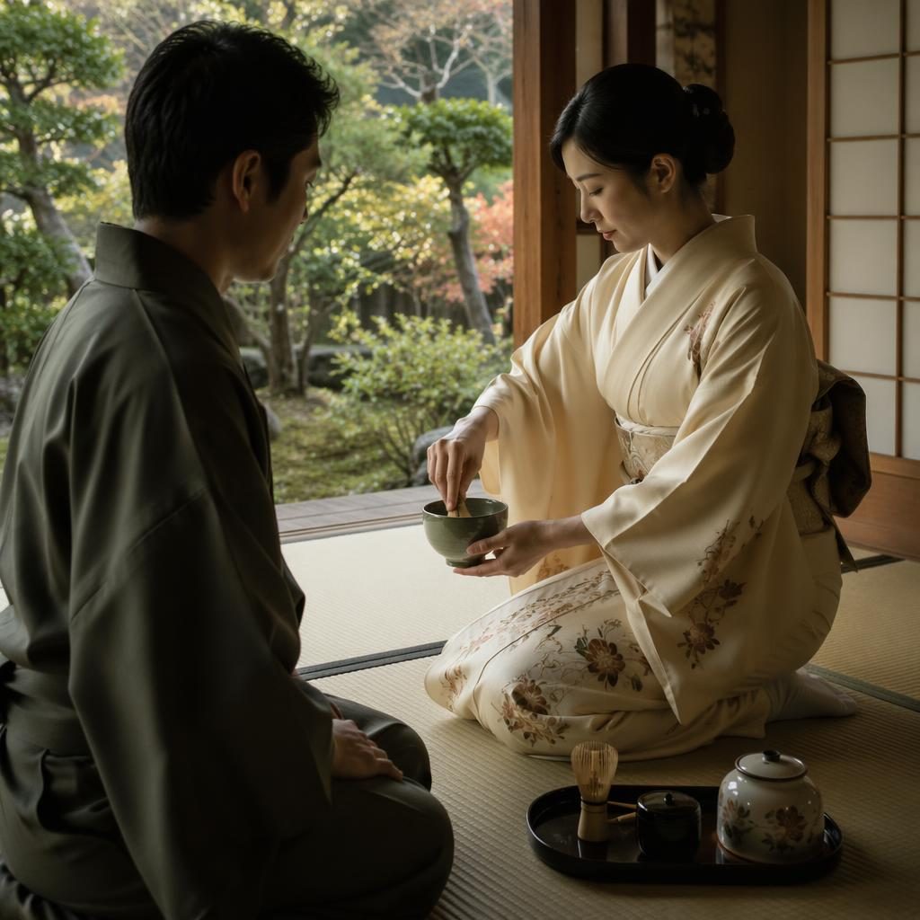 Échange des alliances lors d’un mariage intime en jardin d’automne, avec cérémonie du thé style ryokan japonais.