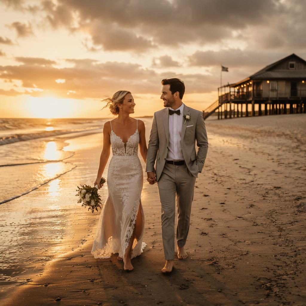Brautpaar läuft barfuß am sommerlichen Strand bei Sonnenuntergang, warmes Licht, elegante Hochzeitsstimmung