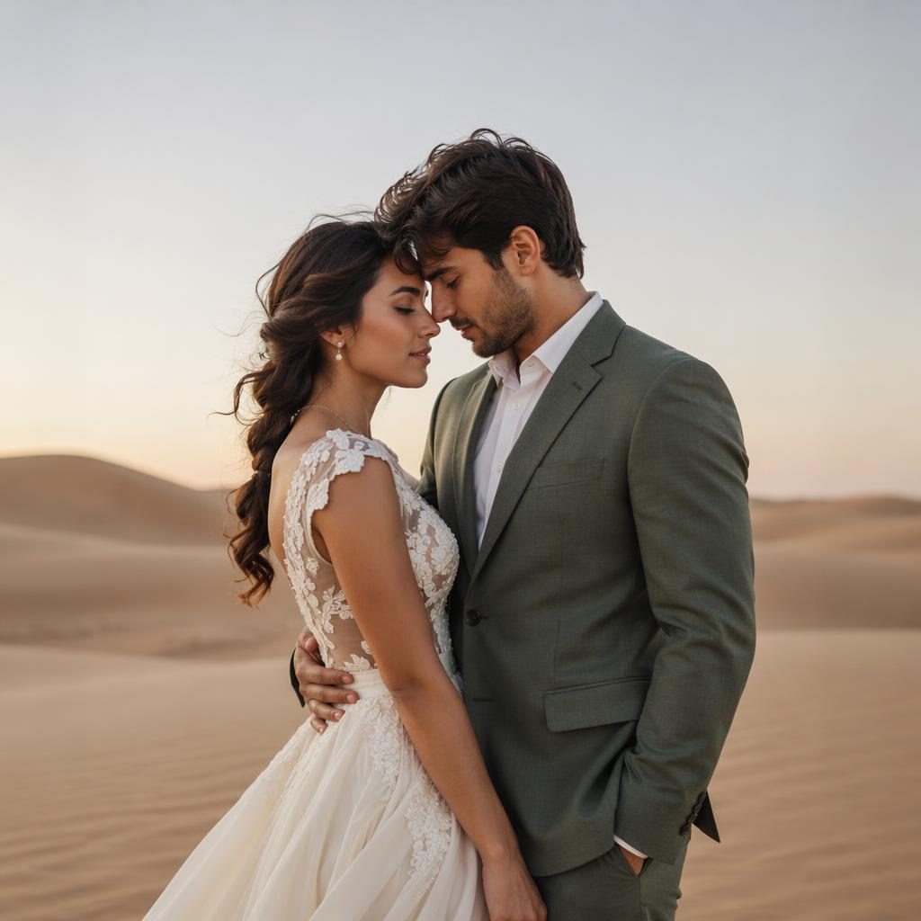 Couple exchanging vows on desert sand dunes in autumn, styled in sage and white with natural light and timeless wedding photography.