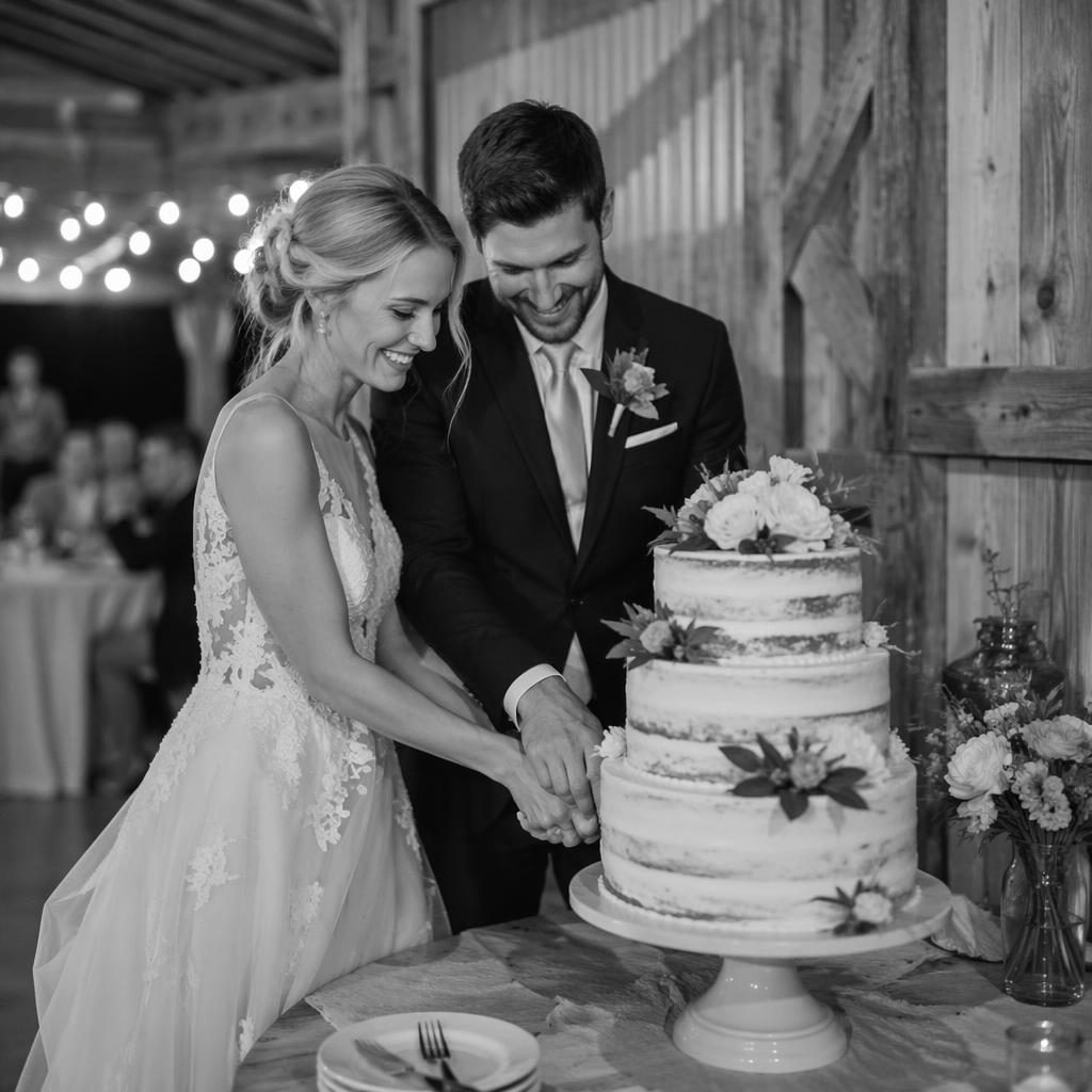 Black and white wedding photo of a couple cutting cake in a rustic barn with natural light and editorial styling.