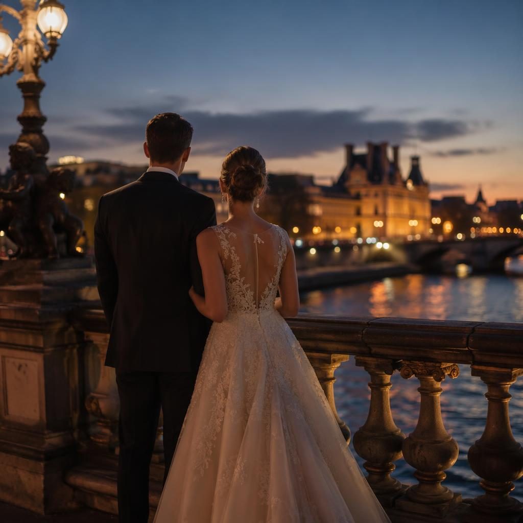 Stimmungsvolle Hochzeitsdetails am Empfang in einem tropischen Resort mit Blick auf eine Seine-Brücke bei Nacht.
