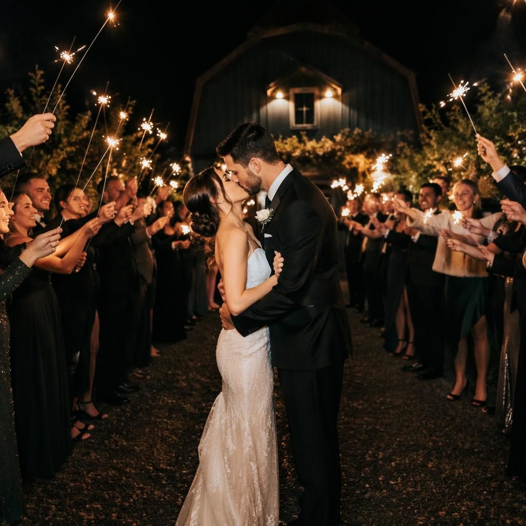 Wedding party at a vineyard at night during a sparkler send-off, with a close view of engagement couple hands in warm light.