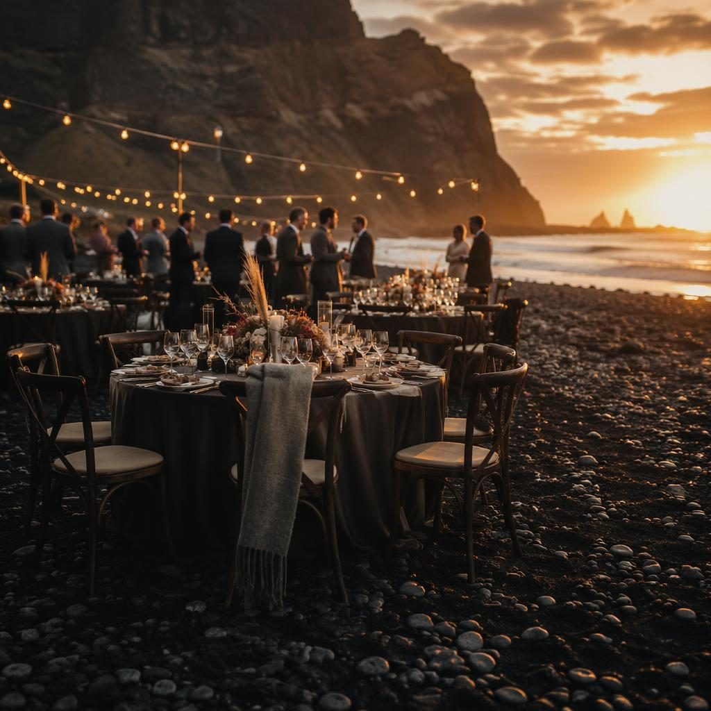 Moody wedding reception details set against alpine black sand scenery at sunset with warm late-summer light.
