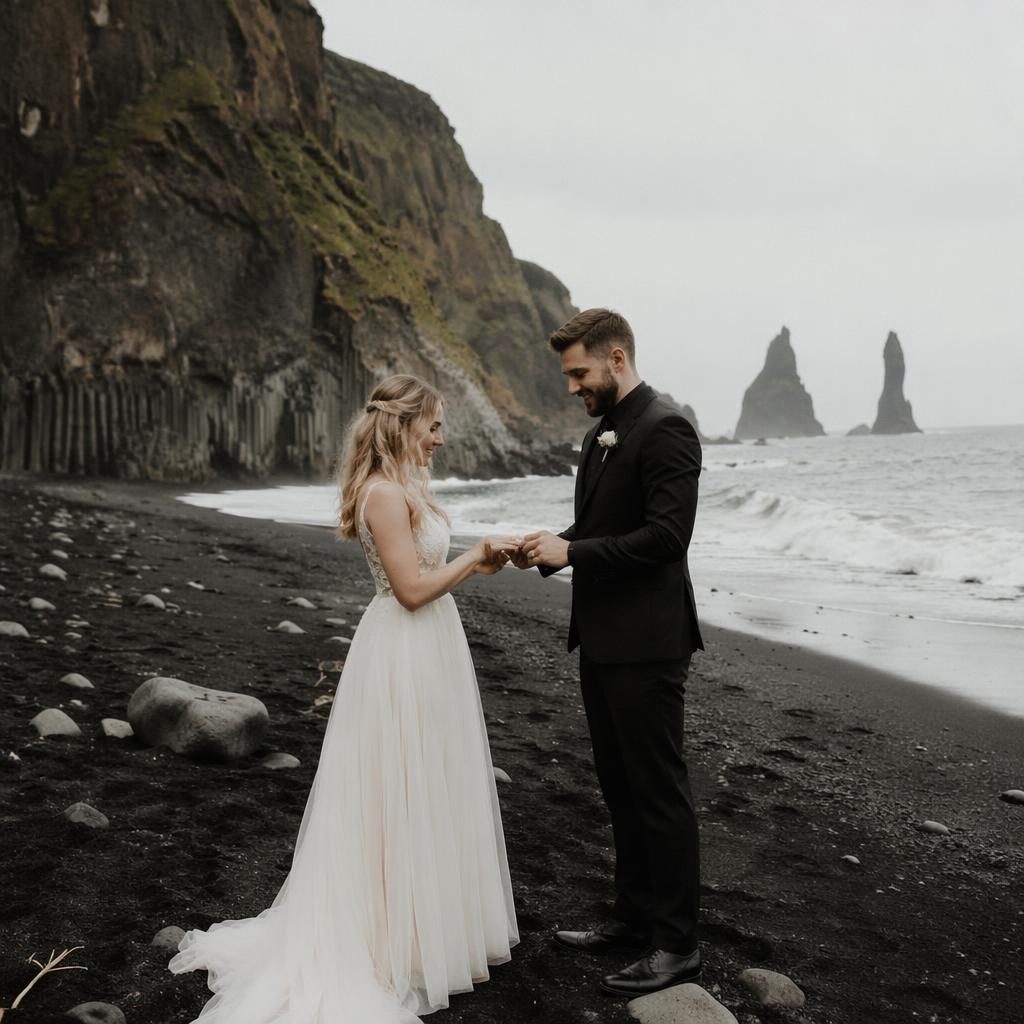 Couple exchanging rings at an intimate spring backyard wedding, soft blush and cream tones with moody black sand-inspired styling.