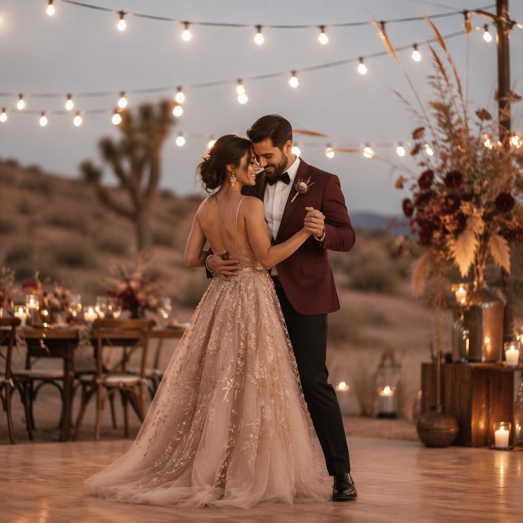 Groom and bride share a first dance under string lights at a minimalist desert wedding in soft pastel tones.