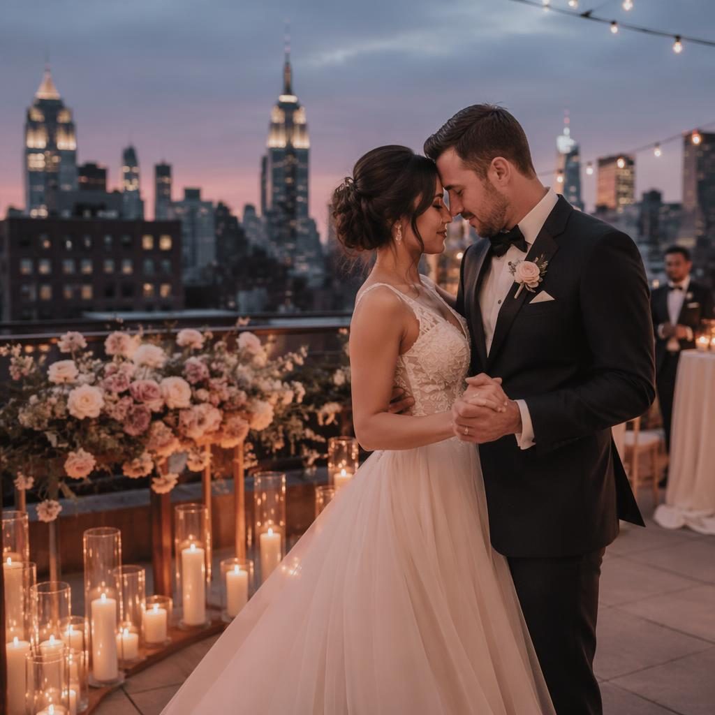 Bride and groom share a first dance on a Manhattan rooftop at dusk with skyline views, dusty rose decor, and candlelit elegance.