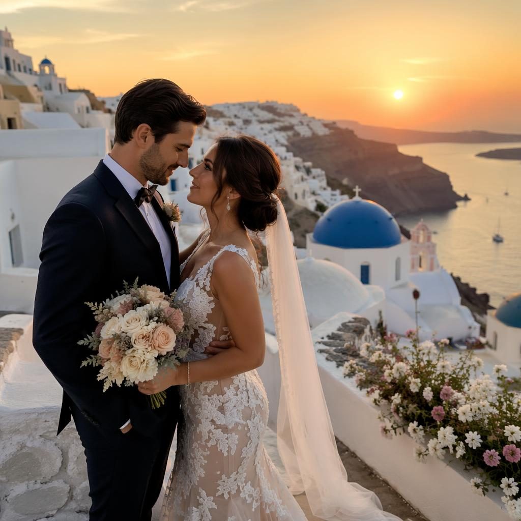 Pareja de boda al atardecer en acantilado de Santorini con cúpulas azules, luz natural y detalles en tonos blush y crema.