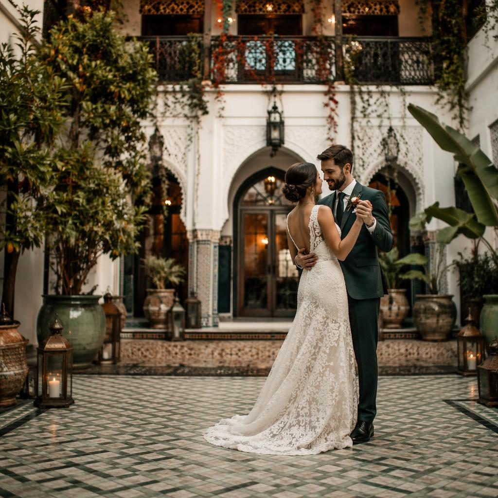 Bride and groom share their first dance in a Moroccan riad courtyard with natural light and an emerald bronze palette.