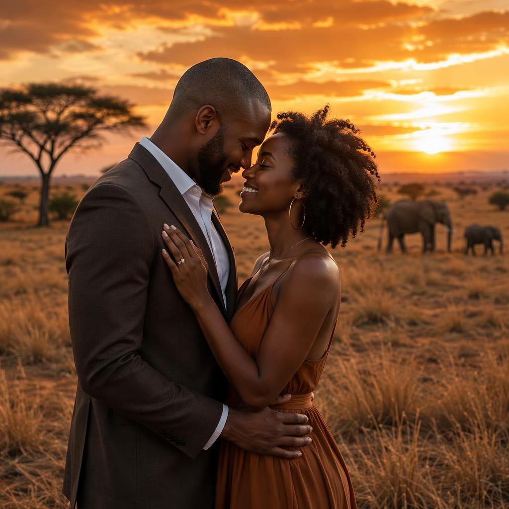 Couple exchanging rings at sunset on an African savannah safari, warm moody light and elegant wedding styling.