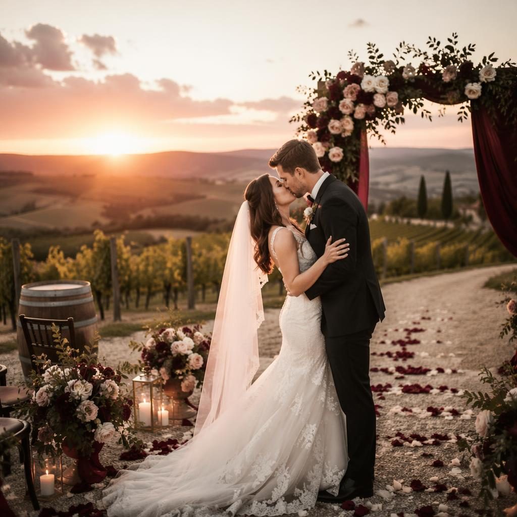 Bride and groom share a first kiss at sunset in a Tuscan vineyard, with soft pastel tones and burgundy-gold styling.