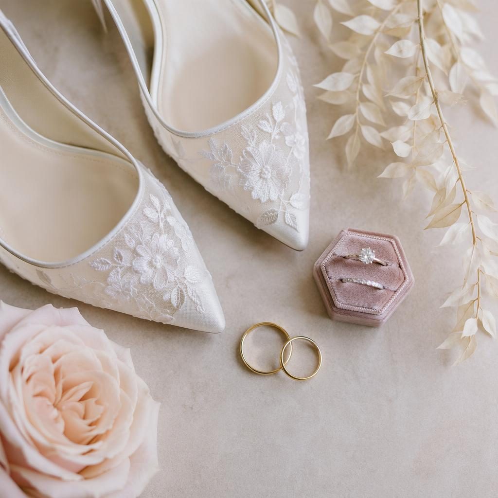 Shoes and rings flatlay at a winter vineyard wedding, styled in soft blush and cream with natural light.