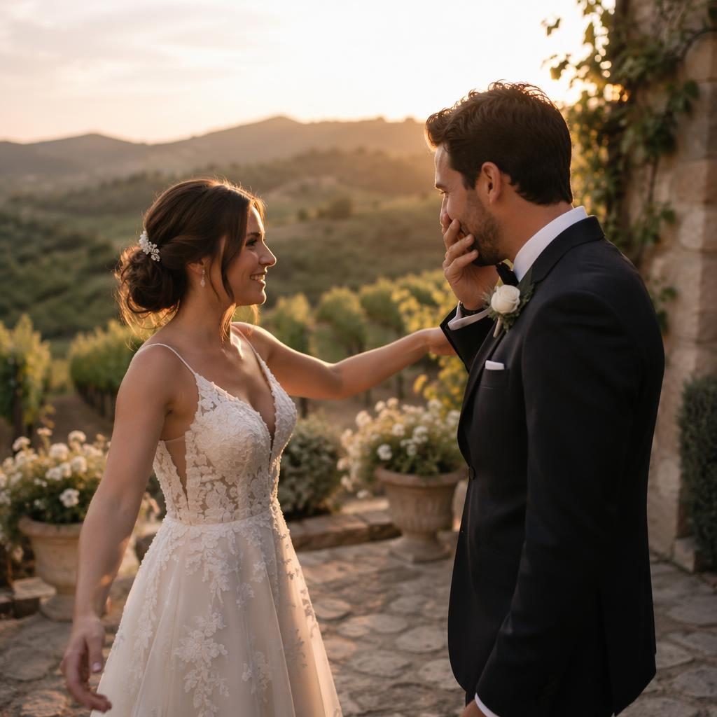 Bride and groom sharing a romantic first dance in an intimate backyard styled like a Tuscan vineyard at sunset