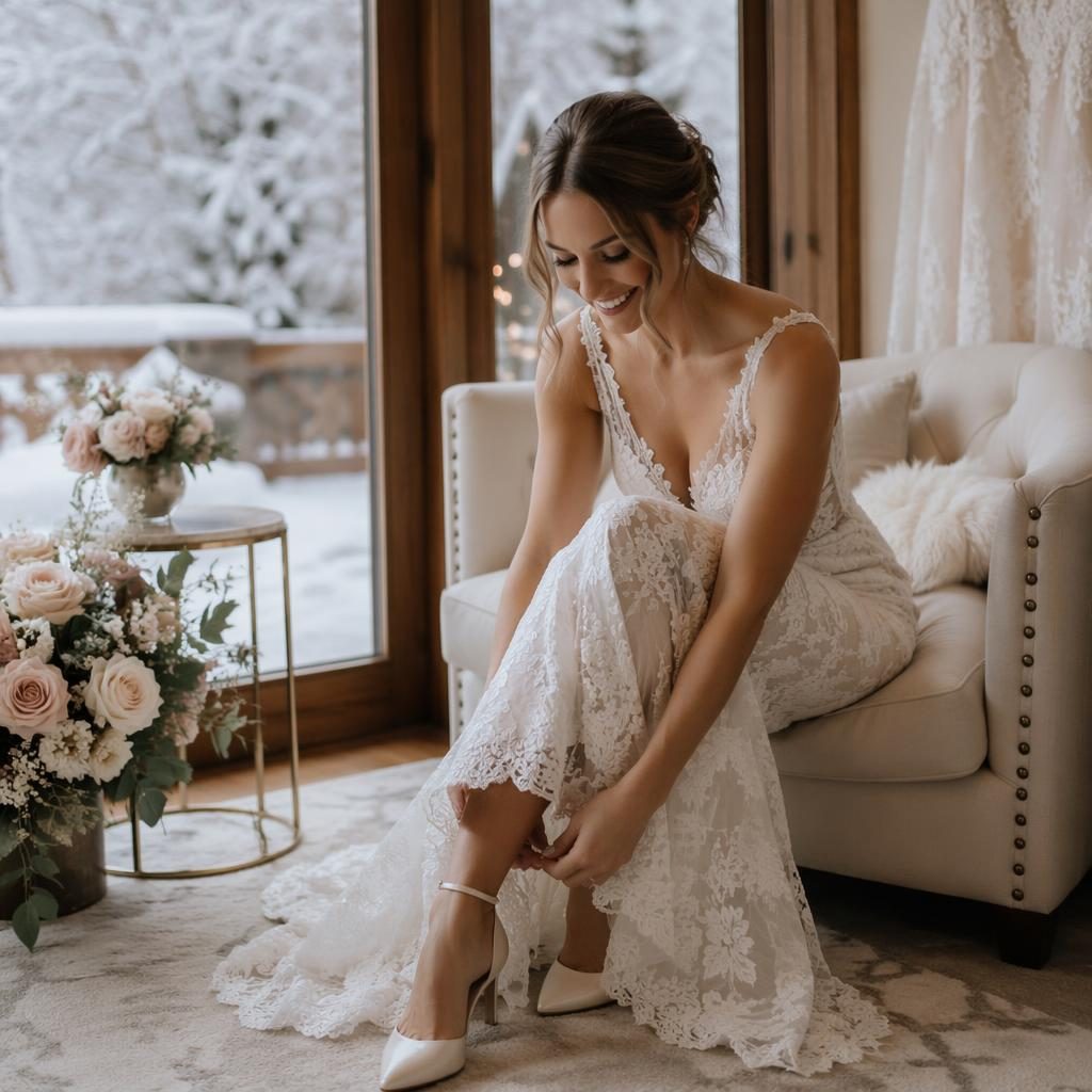 Bride getting ready in a snowy alpine backyard, soft blush and cream details, candid natural light wedding photo.