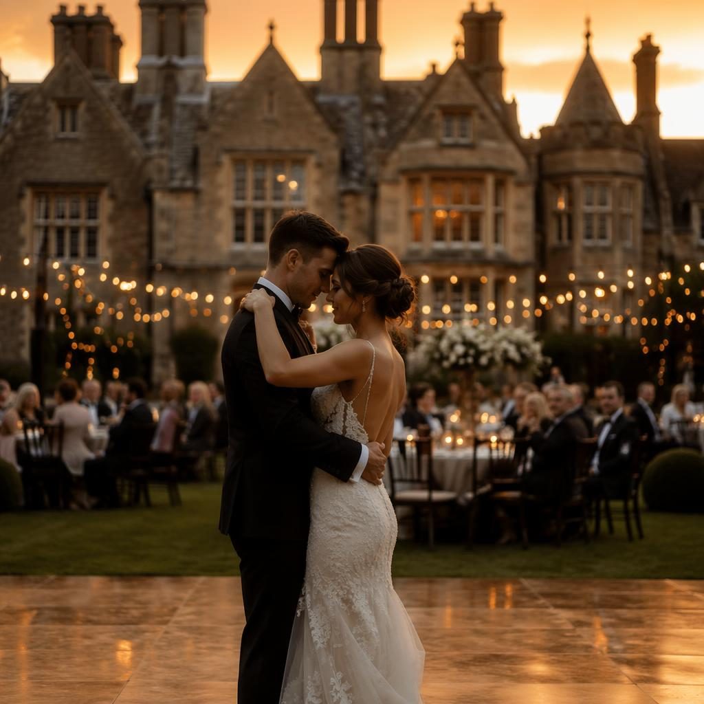 Bride and groom share their first dance on an English manor lawn at sunset with moody warm light and tropical resort ambience.