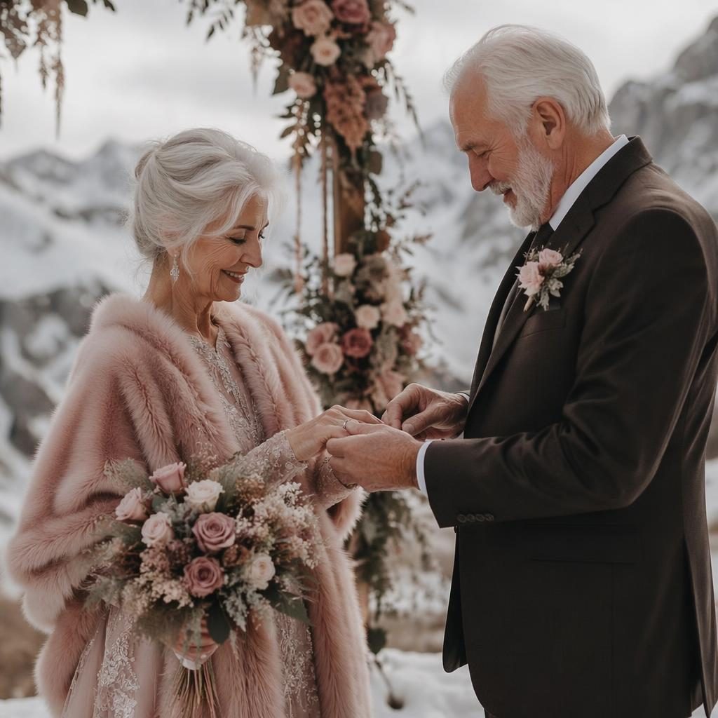 Couple exchanging rings at a winter alpine wedding ceremony with emotional grandparents, dusty rose tones and cinematic natural light.