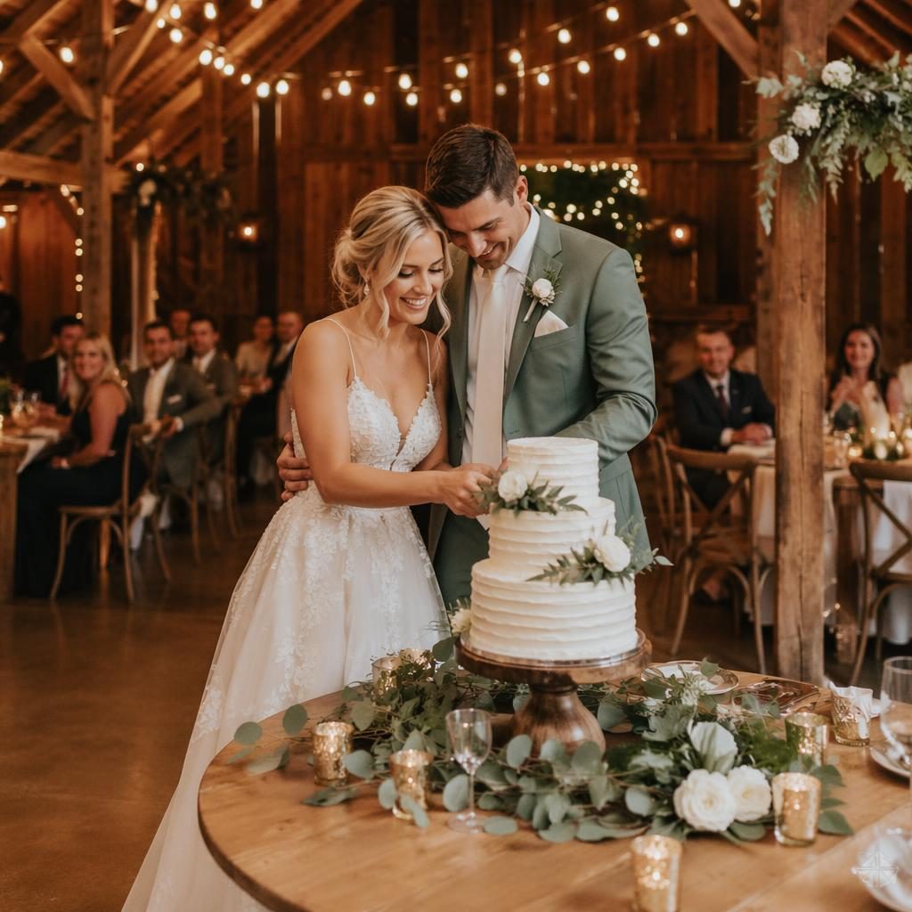 Bride and groom cutting cake in a rustic barn with string lights, sage and white decor, natural light, timeless style.