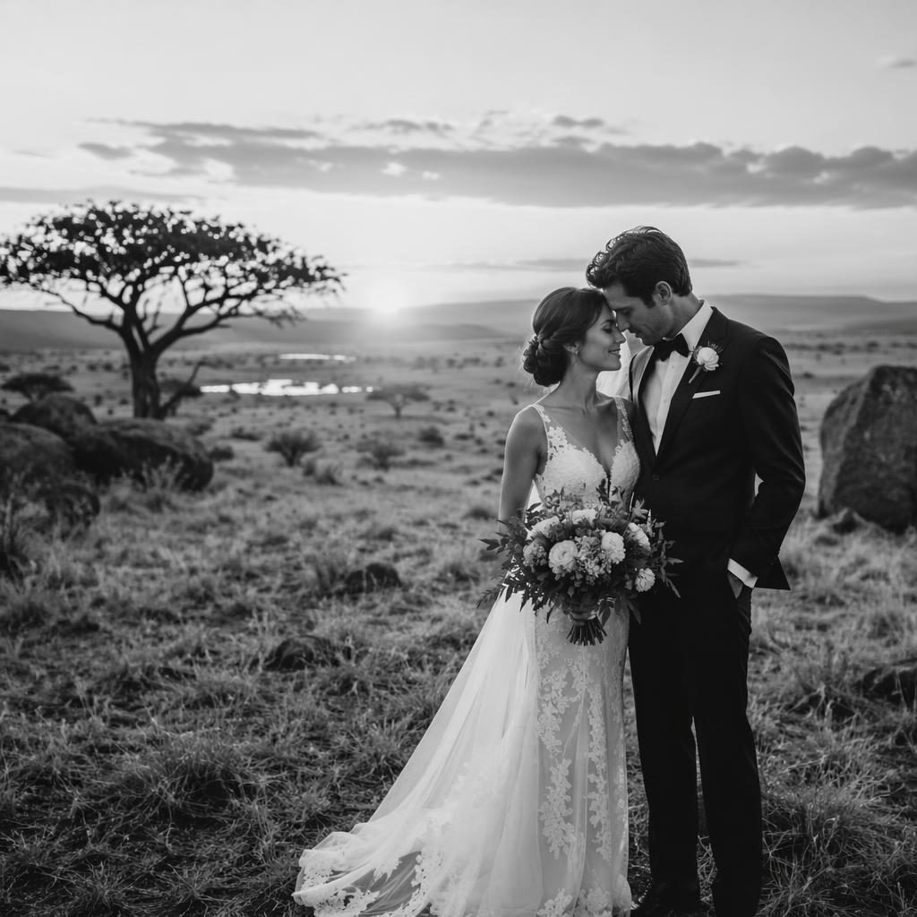 Portrait de couple de mariage en noir et blanc devant une grange rustique, lumière naturelle de fin d’été