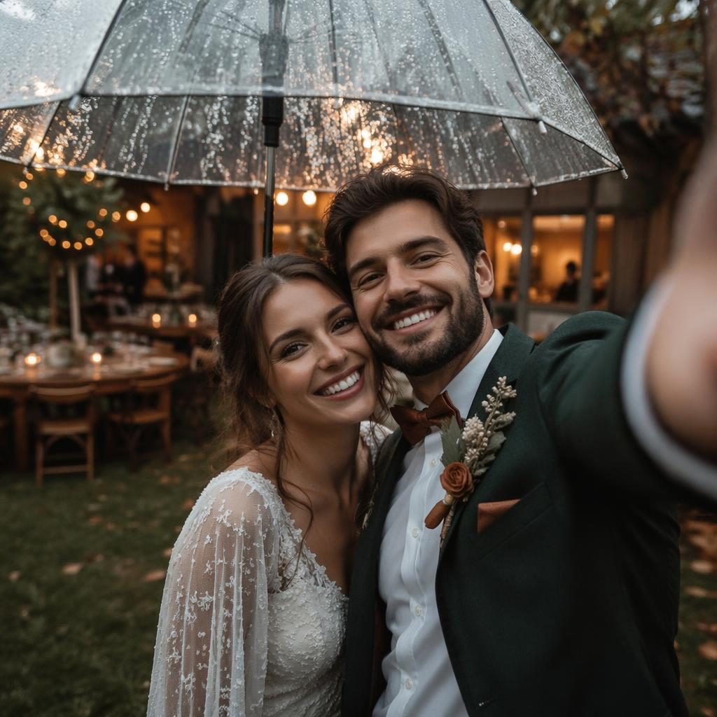 Couple de mariés sous un parapluie dans un jardin intime, détails de réception d’automne, tons émeraude et bronze.
