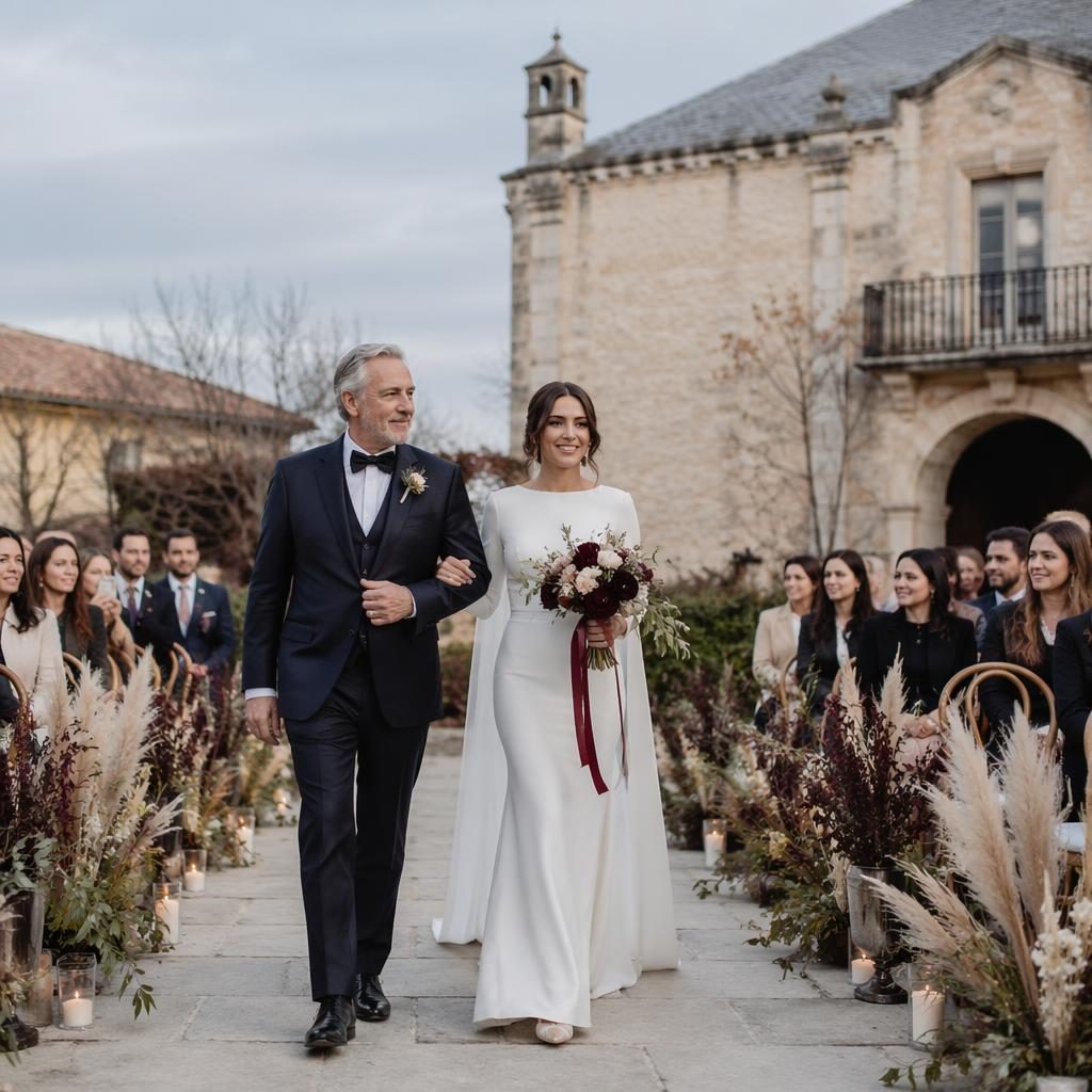 Padre acompaña a la novia por el pasillo en una boda minimalista con luz natural, tonos burdeos y dorado.