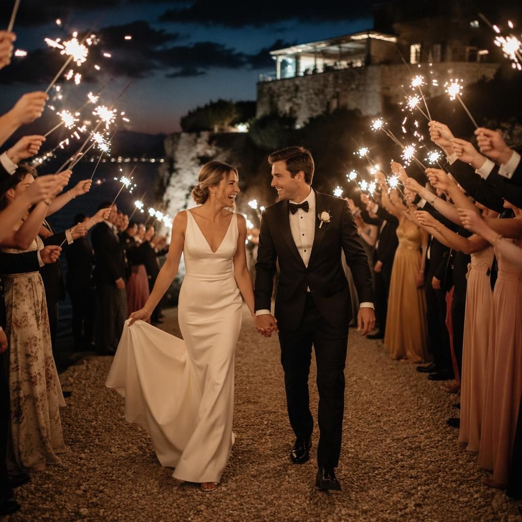 Newlyweds walk through a sparkler send-off at a cliffside ocean wedding at night, with blush and cream tones.