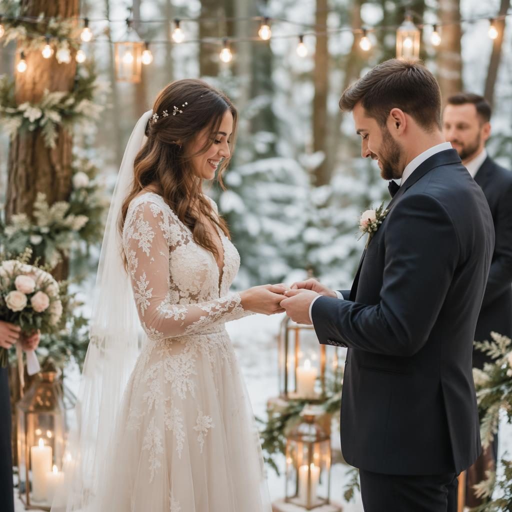 Couple exchanging rings at an intimate winter backyard wedding with blush and cream tones and soft natural light