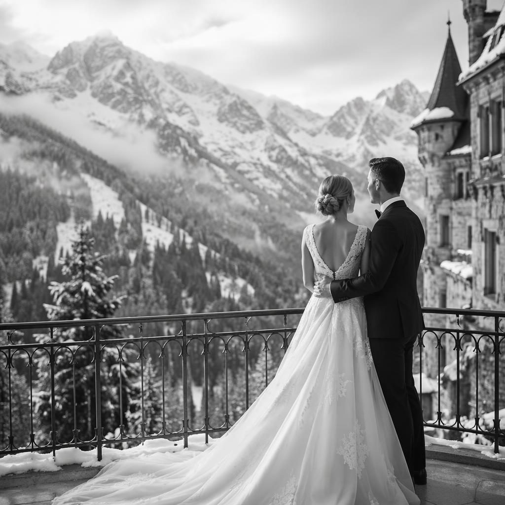 Portrait de couple en mariage devant un château alpin enneigé, photo éditoriale en noir et blanc, lumière naturelle.