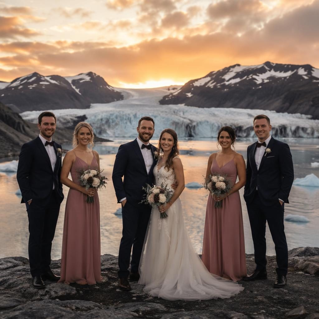 Wedding party group portrait on an alpine mountain glacier at sunset with dark moody tones and warm natural light.