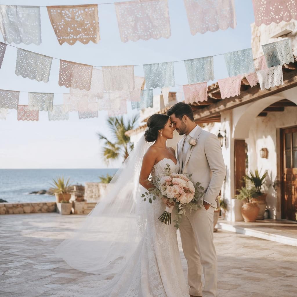 Couple wedding portrait on a beach with light airy styling, icy autumn tones, and Mexican hacienda papel picado decor.