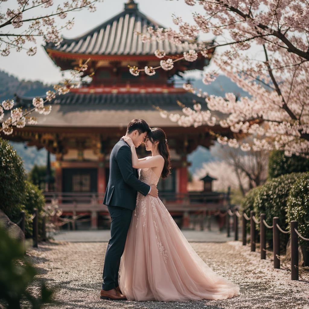 Couple dancing beneath cherry blossoms at a Kyoto temple in soft natural light with a dusty rose, cinematic look.