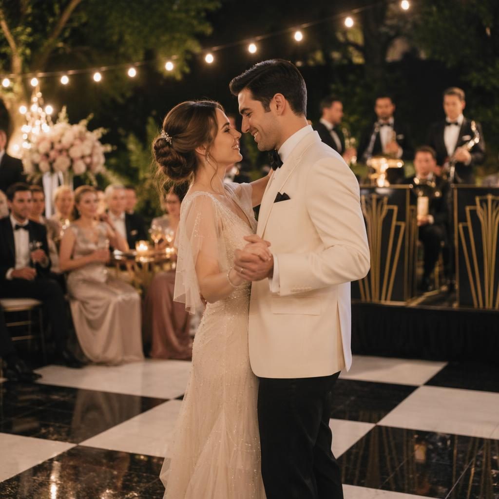 Pareja bailando su primer baile en una boda íntima al aire libre, luz natural, tonos rubor y crema, estilo art déco.