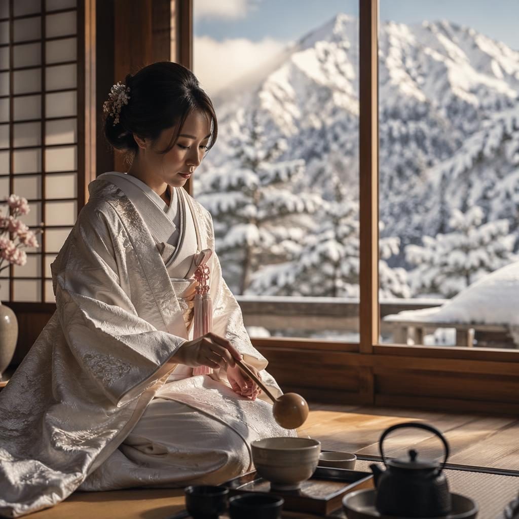 Mariée en préparation dans un ryokan japonais, cérémonie du thé, décor alpin enneigé, lumière naturelle, tons rose poudré