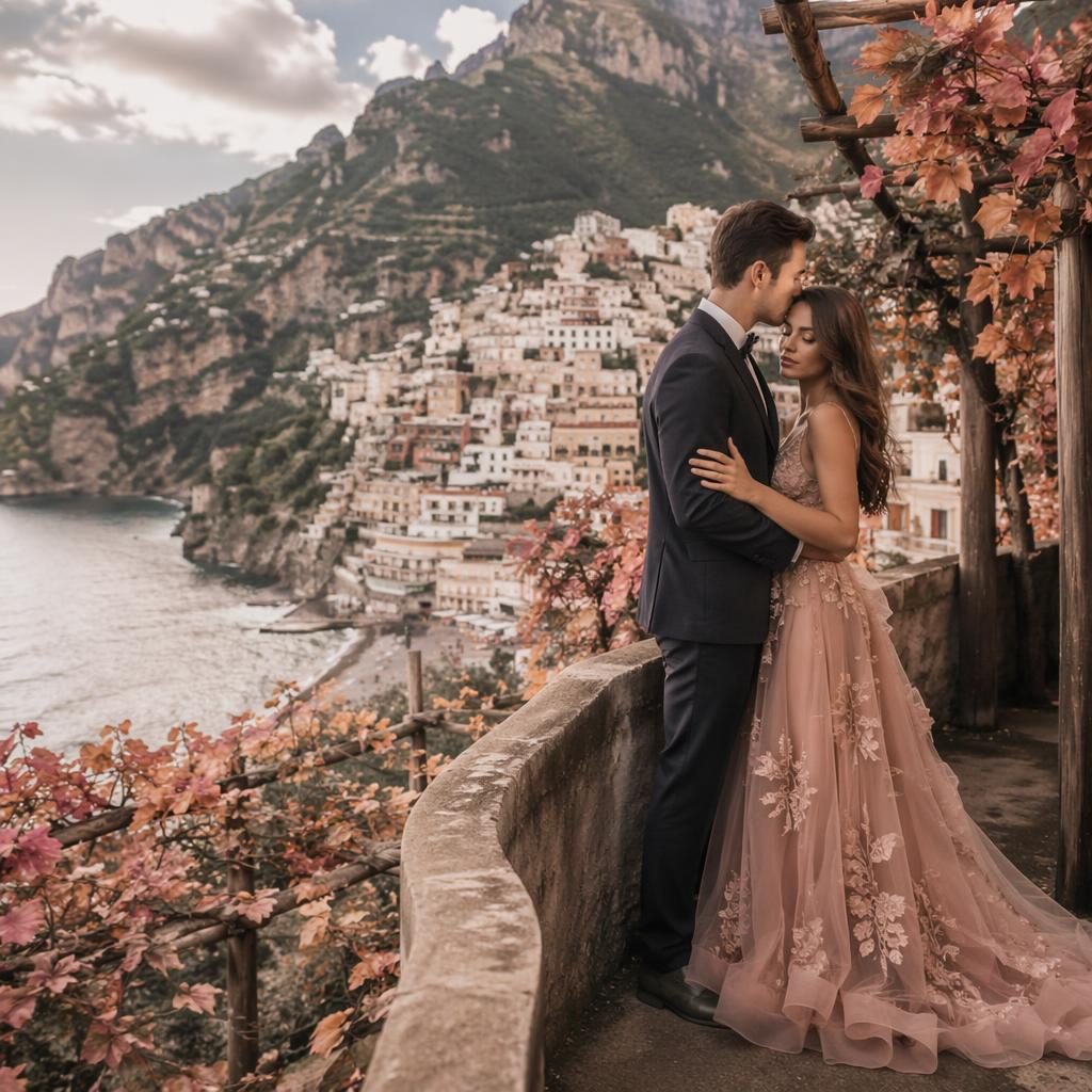 Couple sharing a first dance at a tropical resort vineyard on Positano cliffs in autumn, dusty rose cinematic light