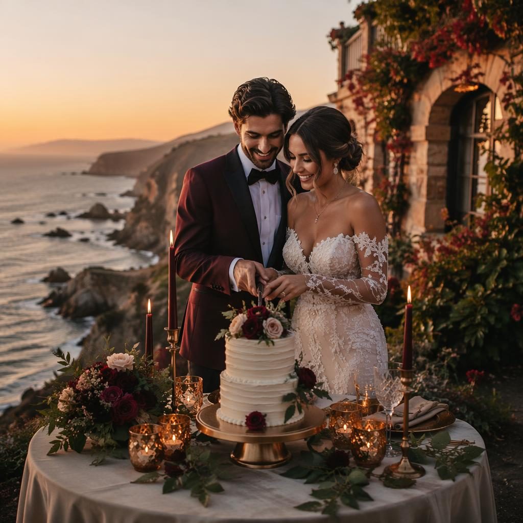 Bride and groom cut a wedding cake on a beach at sunset, with pastel tones and burgundy and gold decor.