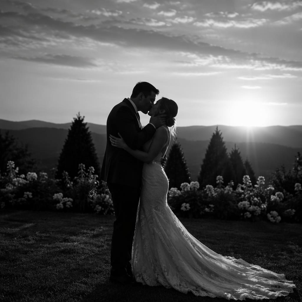 Black and white wedding photo of a couple sharing a first kiss in silhouette at sunset in a botanical garden.