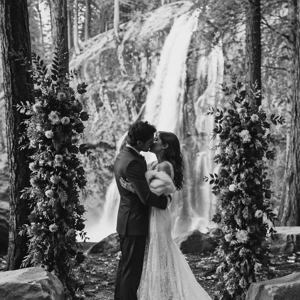 Black and white wedding couple sharing a first kiss at a rustic barn with a forest waterfall altar in winter.