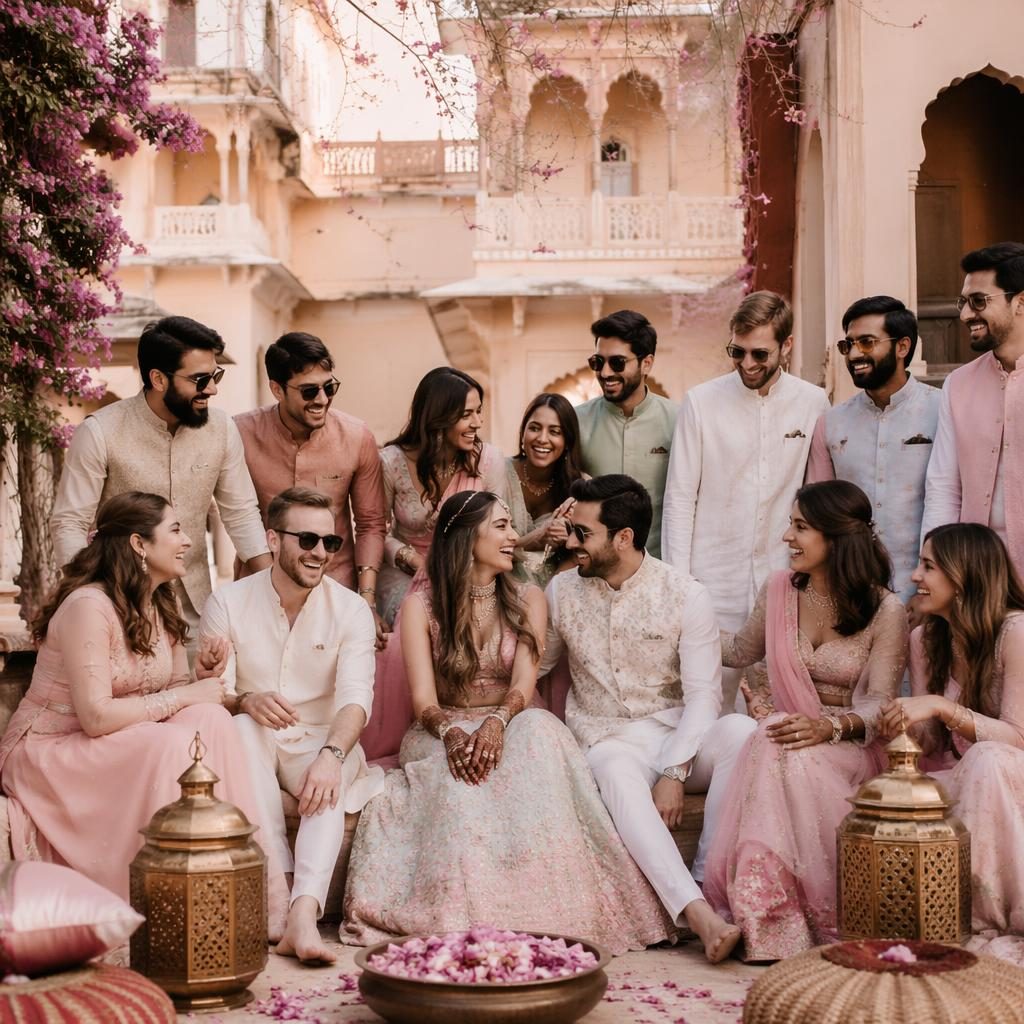 Hochzeitsgesellschaft bei einer Mehndi-Feier in einem Palasthof, candid Gruppenfoto in Rouge- und Cremetönen