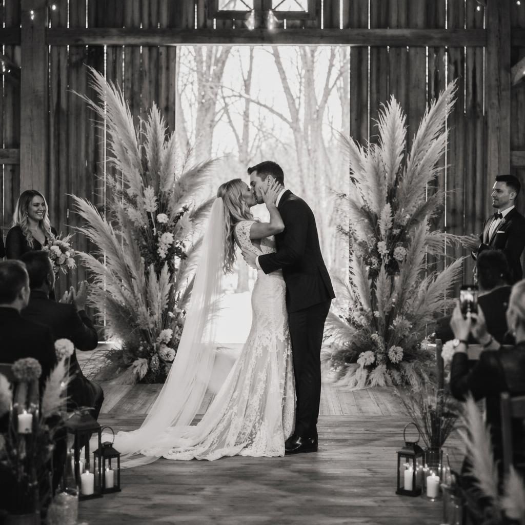 Black and white wedding photo of a couple sharing their first kiss in a rustic barn with pampas grass decor.