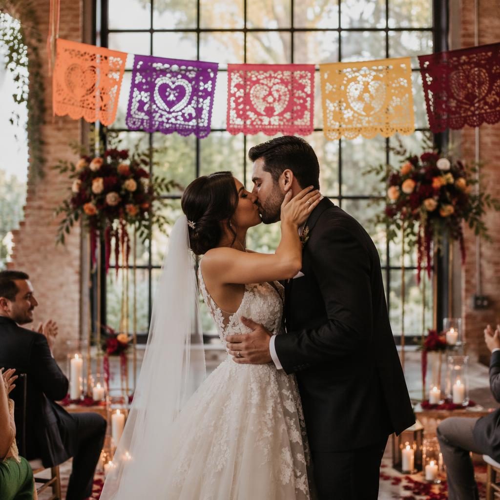 Primer beso de boda en loft industrial urbano con luz natural, tonos pastel, borgoña y dorado, y papel picado.