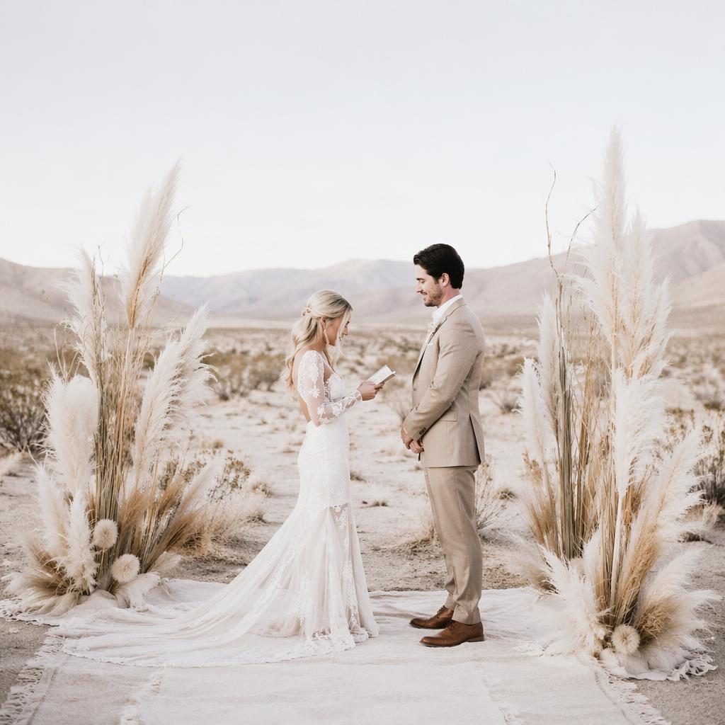 Bride and groom exchange vows in a minimalist desert setting with pampas grass and airy winter-toned light.